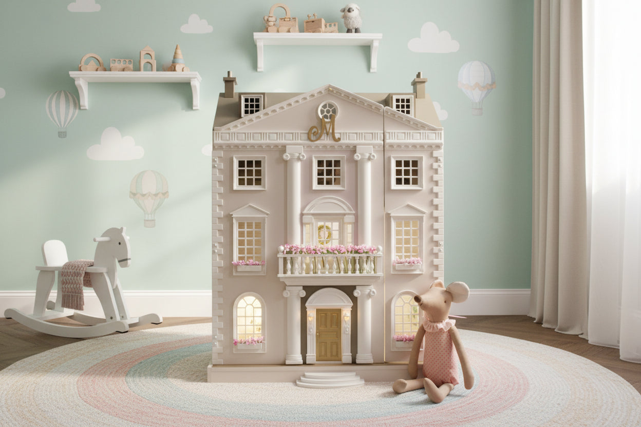 Detailed dollhouse with a decorative figure in front on a white background